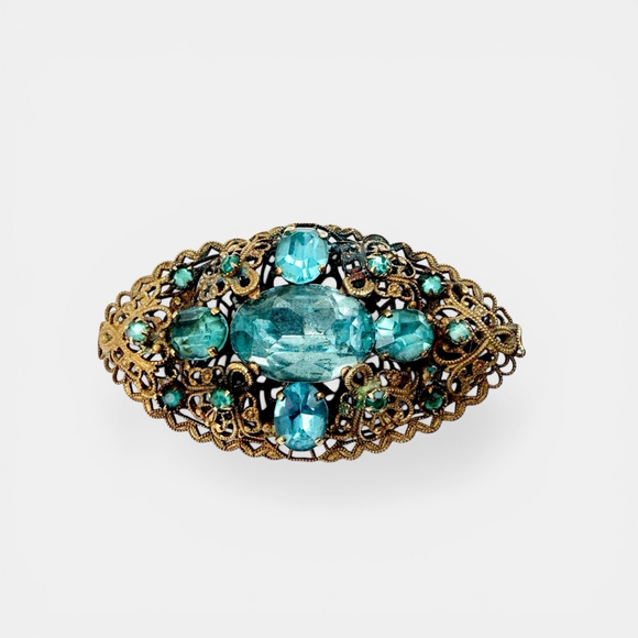 Vintage Czech Aqua Rhinestone Brooch Art Deco 1930s, Ornate Brass Filigree Oval - Picture 8 of 8